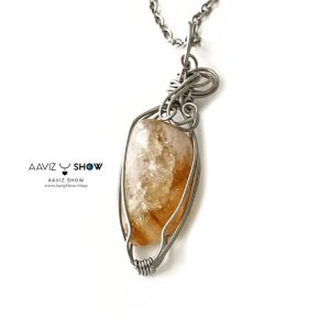 گردنبند سنگ سیترین نمونه اصل و معدنی با قاب مفتولی استیل A1347