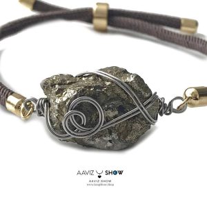 دستبند سنگی راف پیریت با قاب مفتولی استیل D134