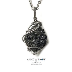 گردنبند سنگی اپیدوت راف و معدنی با قاب مفتولی استیل A1380