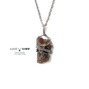 گردنبند عقیق کارنلین پررنگ نمونه راف و معدنی با قاب مفتولی استیل A1388