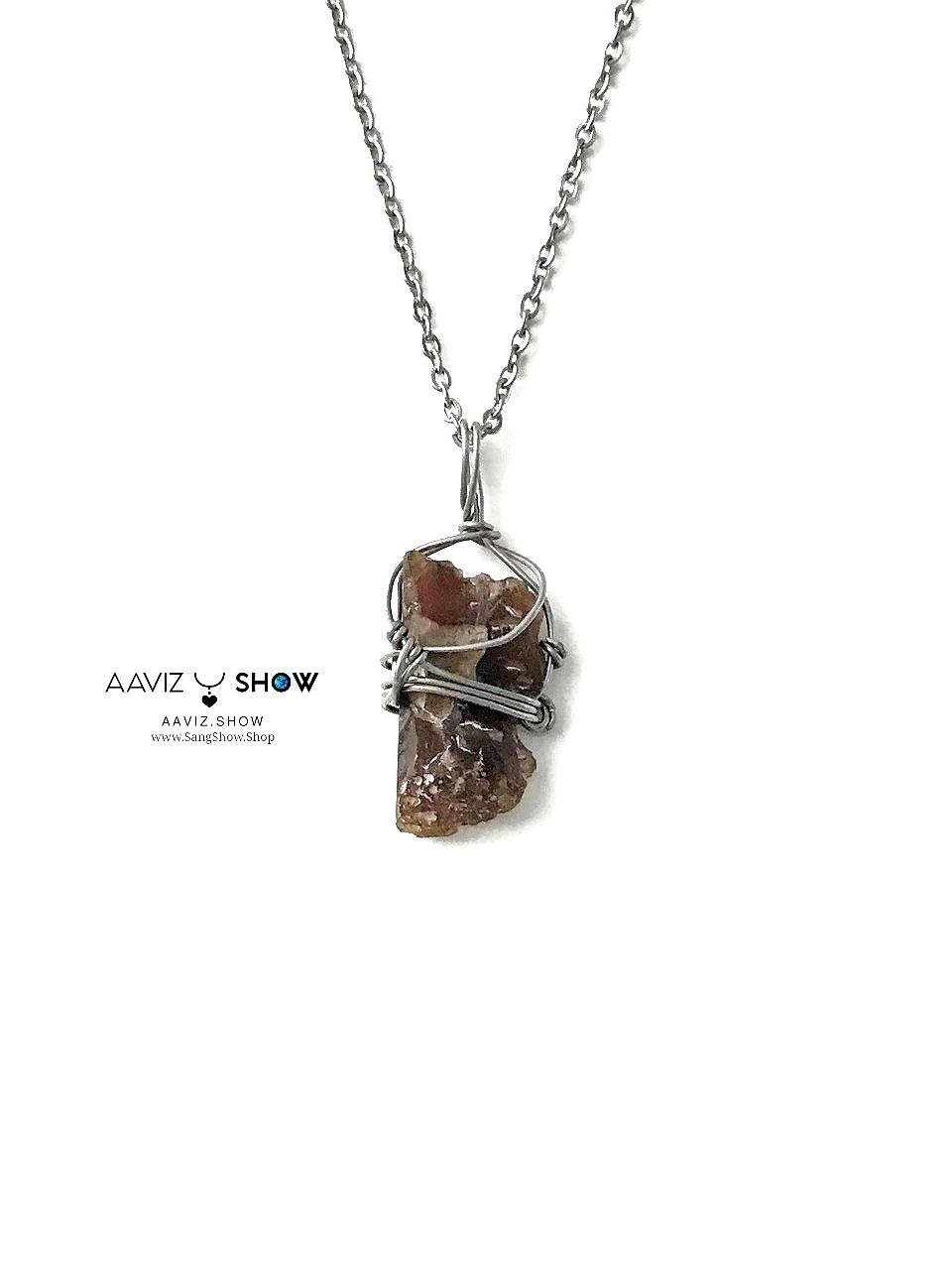 گردنبند عقیق کارنلین پررنگ نمونه راف و معدنی با قاب مفتولی استیل A1388