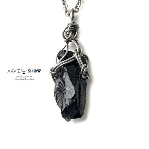 گردنبند سیاه ابسیدین نمونه راف و معدنی با قاب مفتولی استیل A1375