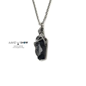 گردنبند سیاه ابسیدین نمونه راف و معدنی با قاب مفتولی استیل A1375