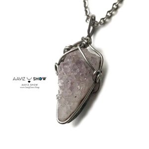 گردنبند آمیتیست راف با بافت مفتولی استیل A1378