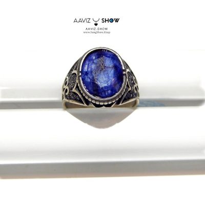 انگشتر سنگ یاقوت کبود مردانه با رکاب طلاروس و خاص R33